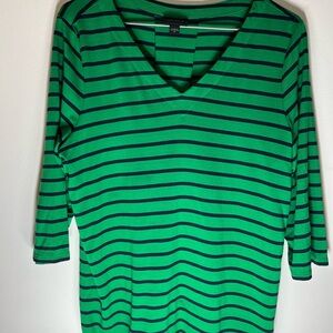 J. Jill Green and Black Striped V-Neck Long Sleeve Tee